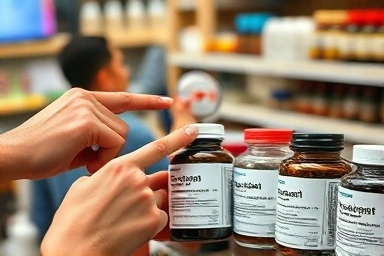 Hands examining diet supplement ingredient labels with a magnifying glass.